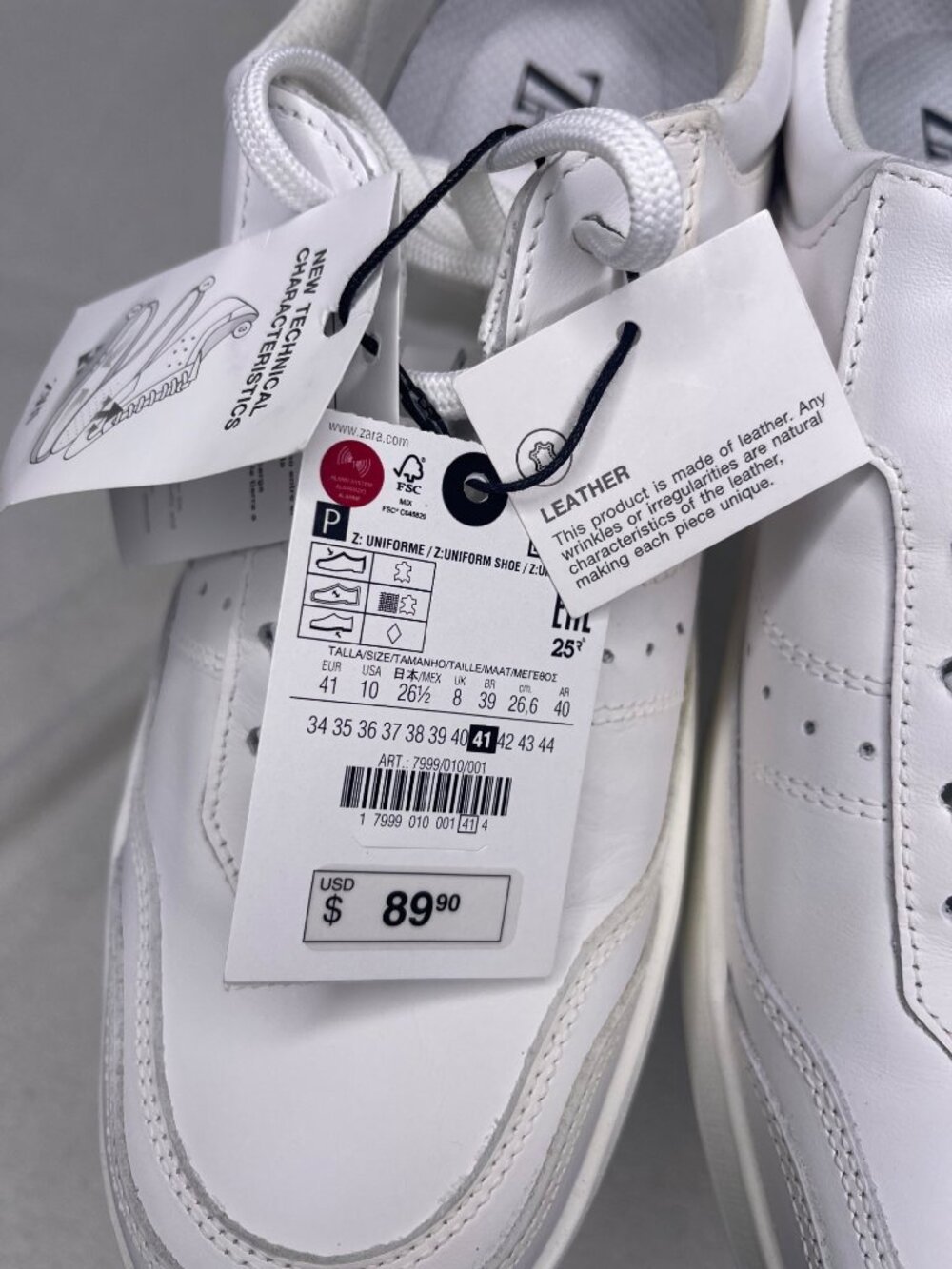 NWT Zara White Leather Lace-Up Sneakers Low-Top Casual Women 41/US 10 Comfort - Picture 7 of 10